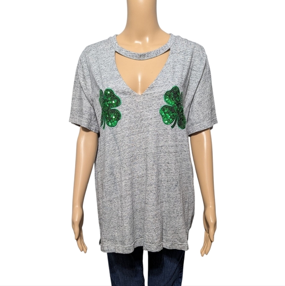 PINK Victoria's Secret Shamrock Sequin T-Shirt L - Picture 1 of 8
